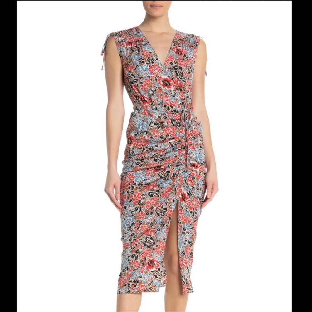 Veronica Beard Floral V-Neck Dress - Red and Blue